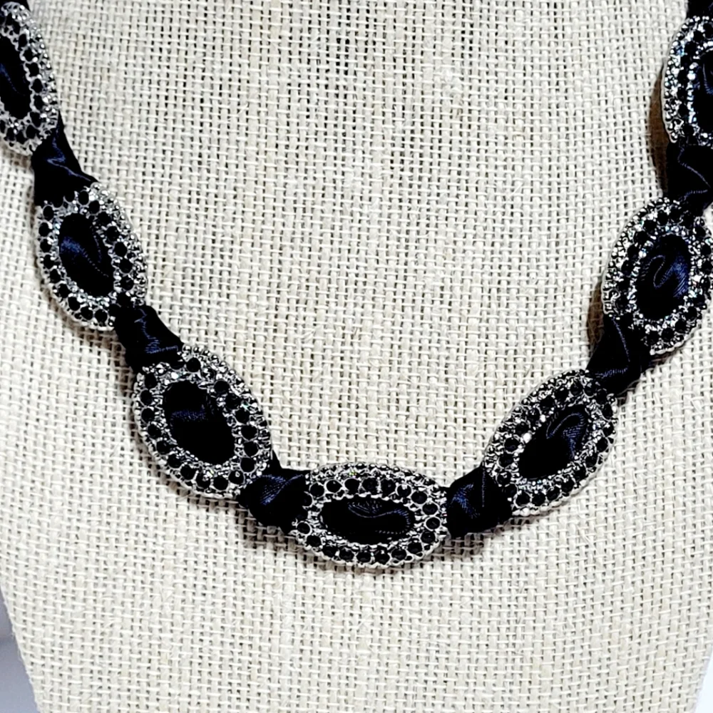 Natasha Couture Silver & Black Rhinestone Necklace